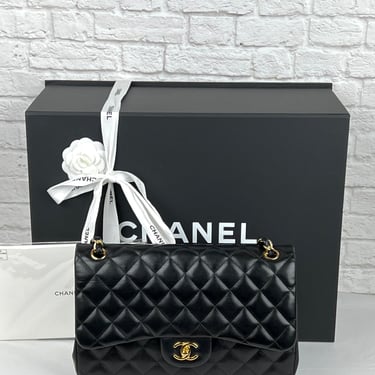 Chanel Lambskin Quilted Jumbo Double Flap, Black/Gold