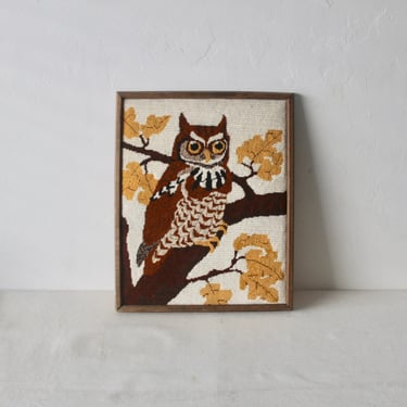 1970's Vintage Large Owl Framed Needlepoint 