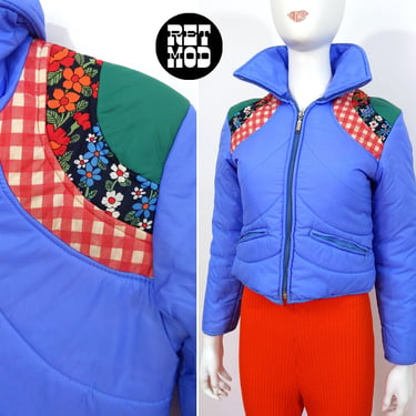 So Cool Vintage 70s Blue Puffer Crop Jacket with Patchwork Design by SuperGear 