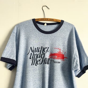Vintage 80s Natchez Under the Hill Mississippi River Port Town Bar Party Two Tone Ringer Shirt Size XL 