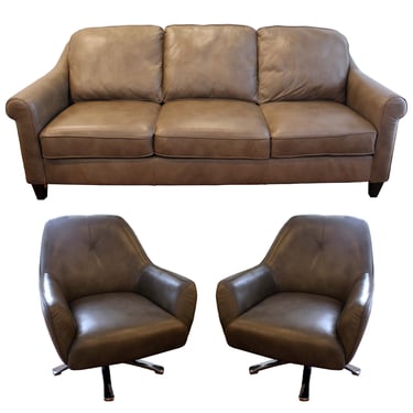 Contemporary Transitional Pair of Naugahyde Swivel Chairs and Sofa 