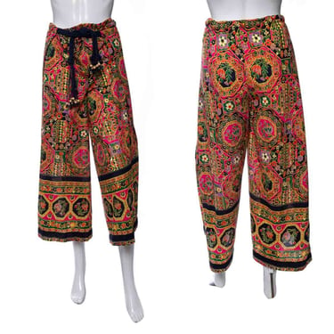 1970's Multicolor Floral Printed Wrap Palazzo Pants Size 32