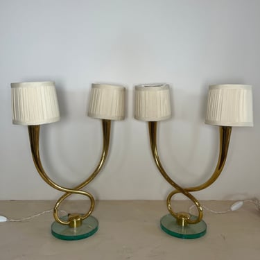 Pair of Italian 2-Light Gilt Brass Table Lamps