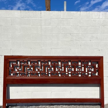 Antique Asian Headboard King Size Bed Rosewood Fretwork Chinese Chippendale Chinoiserie Ming Style Vintage Regency Hollywood Mid Century 