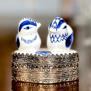 VINTAGE: Vintage Chinese Silver Plated Bird Trinket - Hand-painted Blue and White Porcelain Trinket - Jewelry Box - SKU 24-C-0004051 