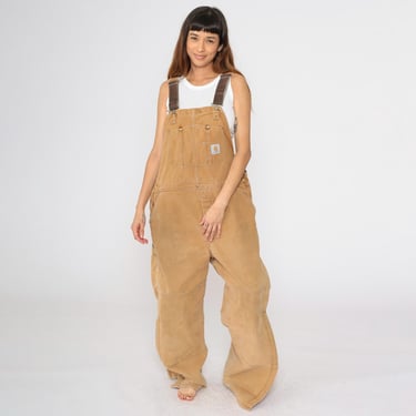 Vintage Insulated Carhartt Overalls 90s Brown Coveralls Cargo Double Front Dungarees Work Pants Utility Quilted Lined 1990s Men's 42 x 32 