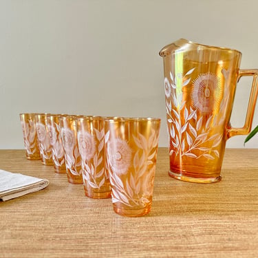 Vintage Jeannette Carnival Glass - Iridescent Marigold Cosmos Pitcher Set - 7 Pieces - Late Sunflower 