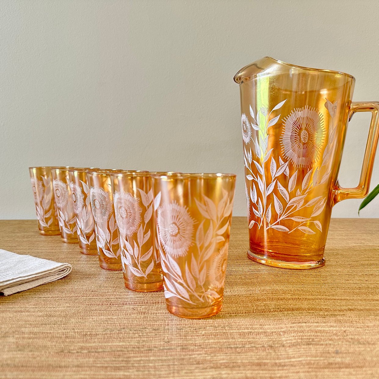 Vintage Jeannette Carnival Glass - Iridescent Marigold Cosmos