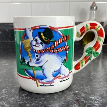 Vintage Frosty The Snowman Coffee Mug w/Candy Cane Handle | WCL Vintage Christmas Novelty Mug | Snowman on Ice Skates | Vintage Christmas 