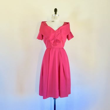 1950's Magenta Red Satin Party Dress Shawl Collar short Sleeves Bow Trim Rockabilly Holiday 29" Waist Size Medium 
