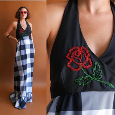Vintage 70s Beaded Rose Halter Dress/ 1970s Black White Gingham Maxi Dress/ Size Small 