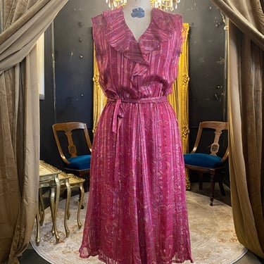 1970s silk dress, vintage 70s dress, sheer burgundy stripes, see through, gold lurex, ruffled neckline, sleeveless, sexy secretary, blouson 