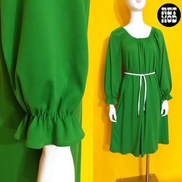 Lovely Vintage 70s Apple Green Boho Midi Dress 