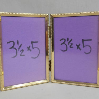 Vintage Hinged Double Picture Frame - Gold Tone Metal w/ Non-Glare Glass - Holds Two 3 1/2