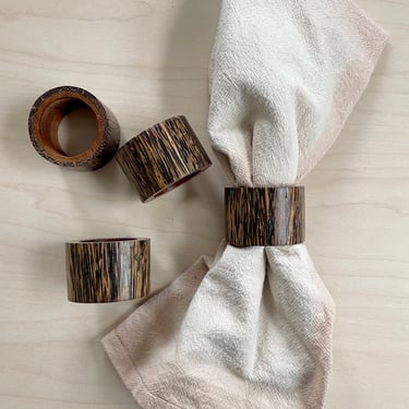 Wood Napkin Rings Set of Four | Wood Grain Tiger Oak Rustic Ethnic Tribal | Boho Natural Wooden Tableware Serving 