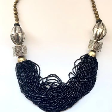 Black Bead Necklace, Vintage Multi Strand Necklace, Silver and Black Bead Necklace 
