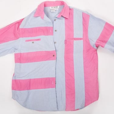 1980's Pink Blue Cotton Shirt Vintage Over sized Button Down Hip Hop Street Style Top Blouse 