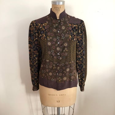 Black and Brown Placement Print Silk Blouse - 1970s 