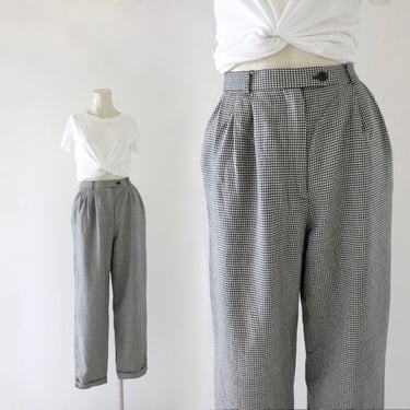 micro houndstooth wool trousers - 27.5 - vintage 90s y2k black white womens pleat pleated front pants size small 