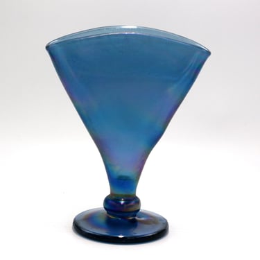 vintage Fenton iridescent blue stretch glass fan vase 