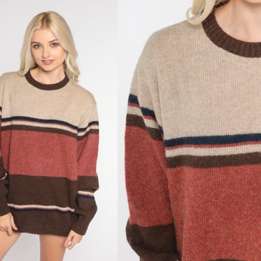 Brown Striped Sweater 80s Wool Blend Pullover Knit Sweater Retro Crewneck Basic Tonal Color Block Tan Red Stripes Vintage 1980s Mens Large L 