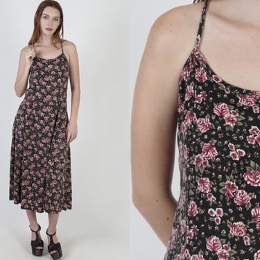 1990's Black Rose Print Grunge Style Mid Length Sun Dress 