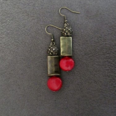 Mid century modern hammered bronze and red stone earrings 