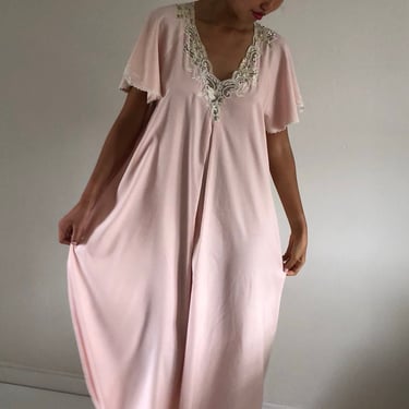 90s blush long night dress / pink ankle length lounge dress nightgown / flutter sleeve lace trim maxi dress | s m l 