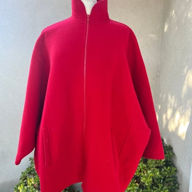 Vintage 80s red wool jacket boxy style pockets zipper Oscar de la Renta made in Italy Sz M 