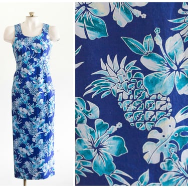Blue Hawaiian sheath dress with pineapple print 