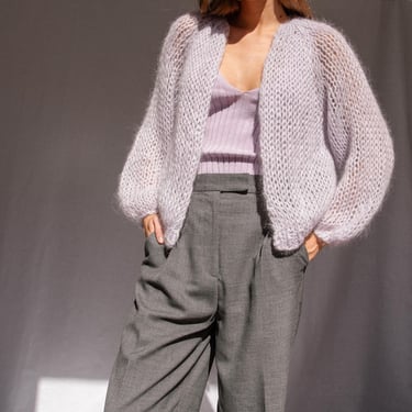 Airy Mohair Bomber in Feather — Hand Knit Mohair Cardigan, Raglan Balloon Sleeves,  Loose Knit Soft Mohair, Luxurious Open Front Cardigan 