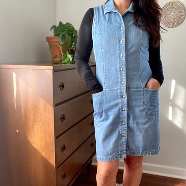 Vintage Woolrich Sleeveless Cotton Denim Button Front Collared Dress with Pockets 