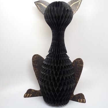 Vintage Tall Beistle Halloween Black Cat with Black Honeycomb, Made in USA, Retro Party Decor 