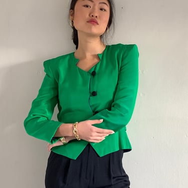 Carolina Herrera silk blazer / vintage Herrera couture angular structured bright green cropped nipped waist strong shoulder blazer | Small 