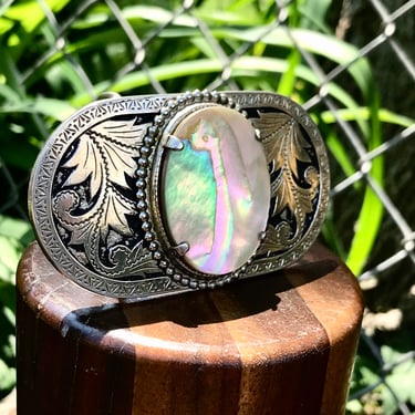 Vintage Abalone Belt Buckle Silver Tone Etched Metal | Fly  display picture 2