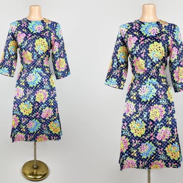 VINTAGE 60s Op-Art Hydrangea Print Fit N Flare Dress | 1960s Colorful Handmade Dress | Plus Size Volup vfg 
