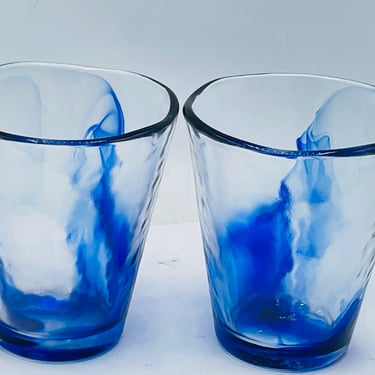 Set of 2 Bormioli Rocco Art Glass Cobalt Blue Swirl Clear Glasses- Nice Condition 