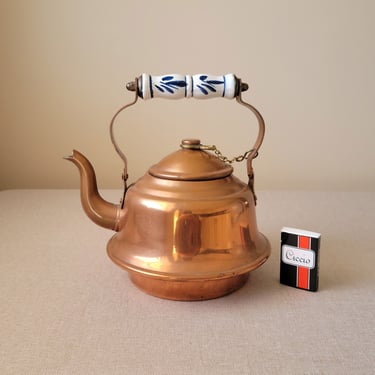 Small copper teapot Tin lined kettle with porcelain handle Rustic kitchen decor 