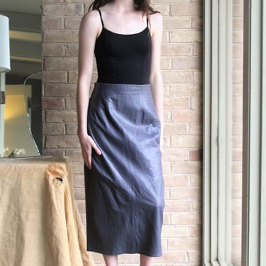 Leather Pencil Skirt, Vintage 80s High Waisted Skirt, Vakko, Small, Midi skirt, Gray leather 