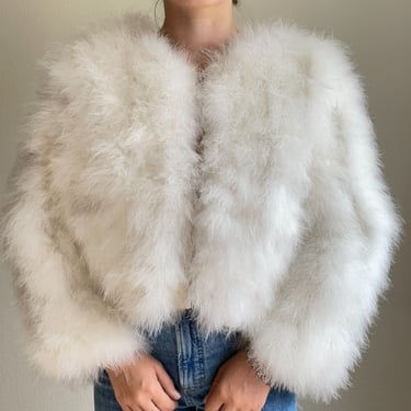 Vintage Womens 80s White Fluffy Fuzzy Feather Flapper Cropped Jacket Sz M 