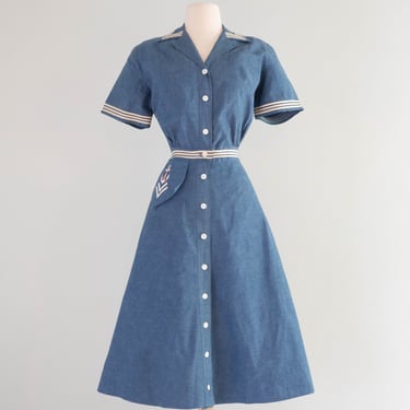 Classic 1950's Tom Boy Sailors Blues Nautical Theme Cotton Day Dress / Small