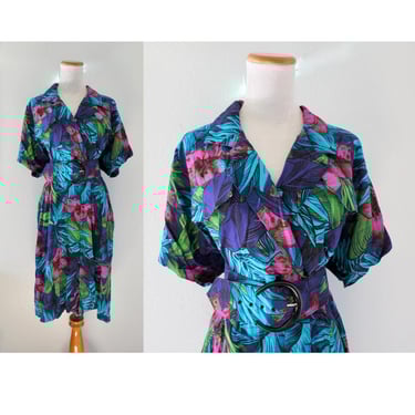 Vintage Women's Floral Romper - 80s 90s Tropical Flower & Leaves Print - Rayon Summer Playsuit with Matching Belt - Size XXL 