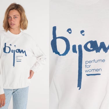 Bijan Perfume Sweatshirt 90s White Crewneck Sweatshirt Fragrance for Women Graphic Shirt Logo Sweater Raglan Sleeve Vintage 1990s Medium 