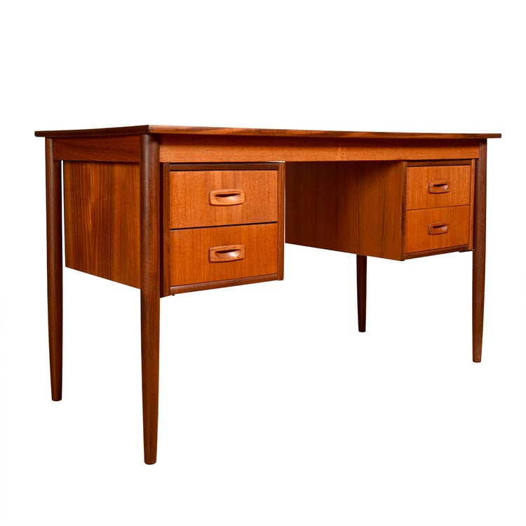 Mid-Sized Danish Modern Teak Desk w Exposed Legs &#038; Sculpted Pulls