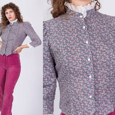 70s Does Victorian Rose Floral Puff Sleeve Cropped Blouse - Medium | Vintage High Ruffle Collar Boho Button Up Shirt 