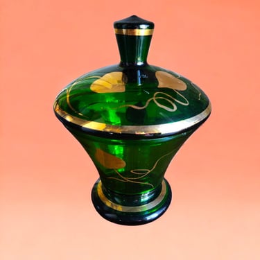 VINTAGE Bohemian glass candy dish adorned  gold accents mid-century green and gold Bohemian glass candy container Collectible vintage glass 