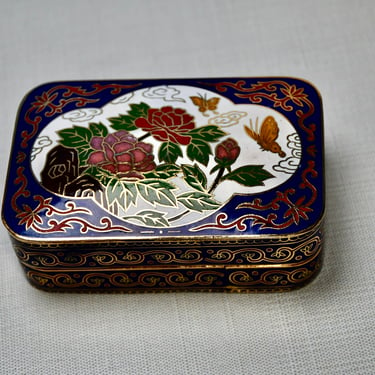 Chinese Cloisonné Trinket Box Intricate Detail Flowers and Butterflies Deep Cobalt Blue Enamel Vintage Gift for Her or Him Gift for Wife 