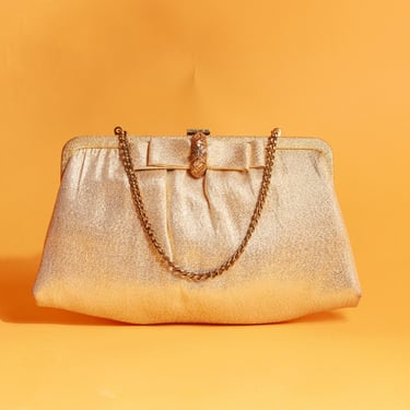 50s Gold Lame Metallic Bow Strappy Purse Vintage Formal Glittery Rhinestone Clutch 