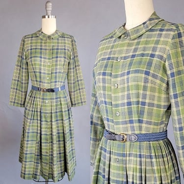 1960s Shirtwaist Dress / Villager Dress / 1960s Blue and Green Plaid Shirtwaist Dress / 1960s Schoolgirl Dress / Size Small 