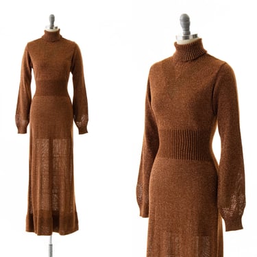 Vintage 1970s Sweater Dress | 70s WENJILLI Knit Sparkly Metallic Lurex Copper Turtleneck Long Sleeve Maxi Party Gown (x-small/small/medium) 